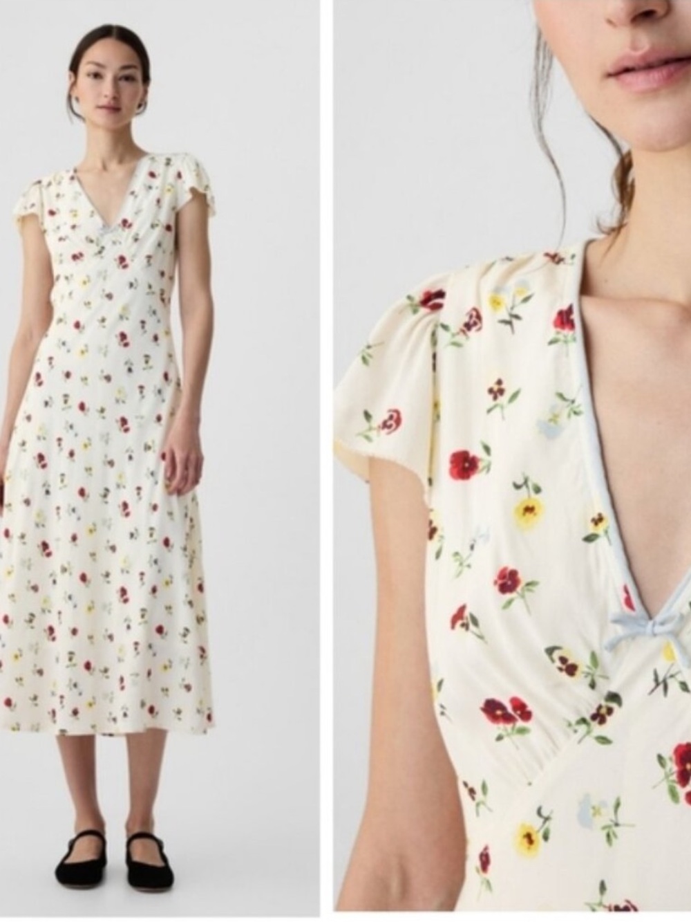 Floral V-Neck Midi Dress in Cream